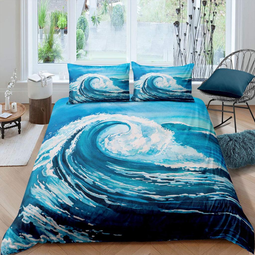 Sea Waves Duvet Cover Sets For Teens Adults Lightweight Quilt Covers Blue Ocean Coastal Themed Bedding Set Room Decor No Quilt