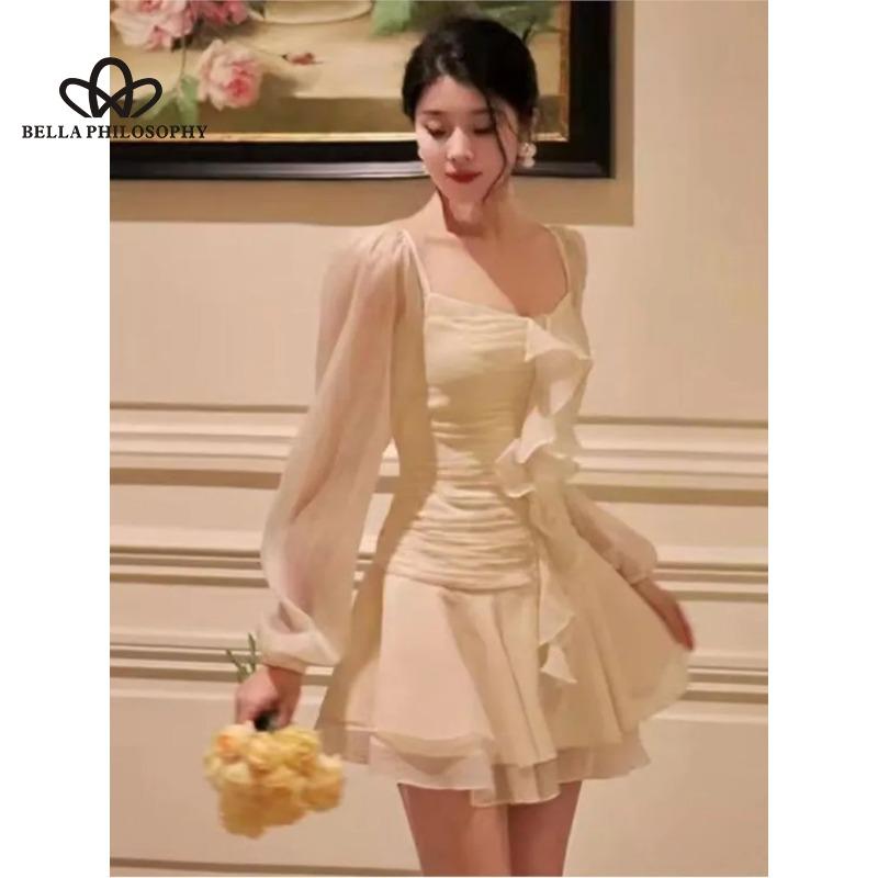 Francouzský styl Síťovaný čtvercový límec s dlouhým rukávem Elegantní Jemný upnutý pas Krátké šaty s volánky s vysokým pasem