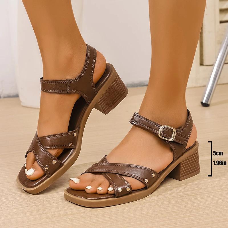 Fashion Elegant Pu Leather High Heels Sandals Women Summer Ankle Buckle Square Toe Sandles Woman Corss Straps High Heel Shoes Ladies