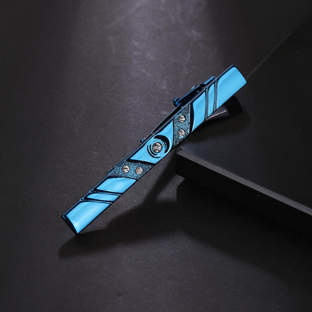 Tie Clip for Men Luxurious Diamond Inlays Alloy Necktie Clasp Tie Bar Pinch Clips Brass Blue Buckle for Wedding Business