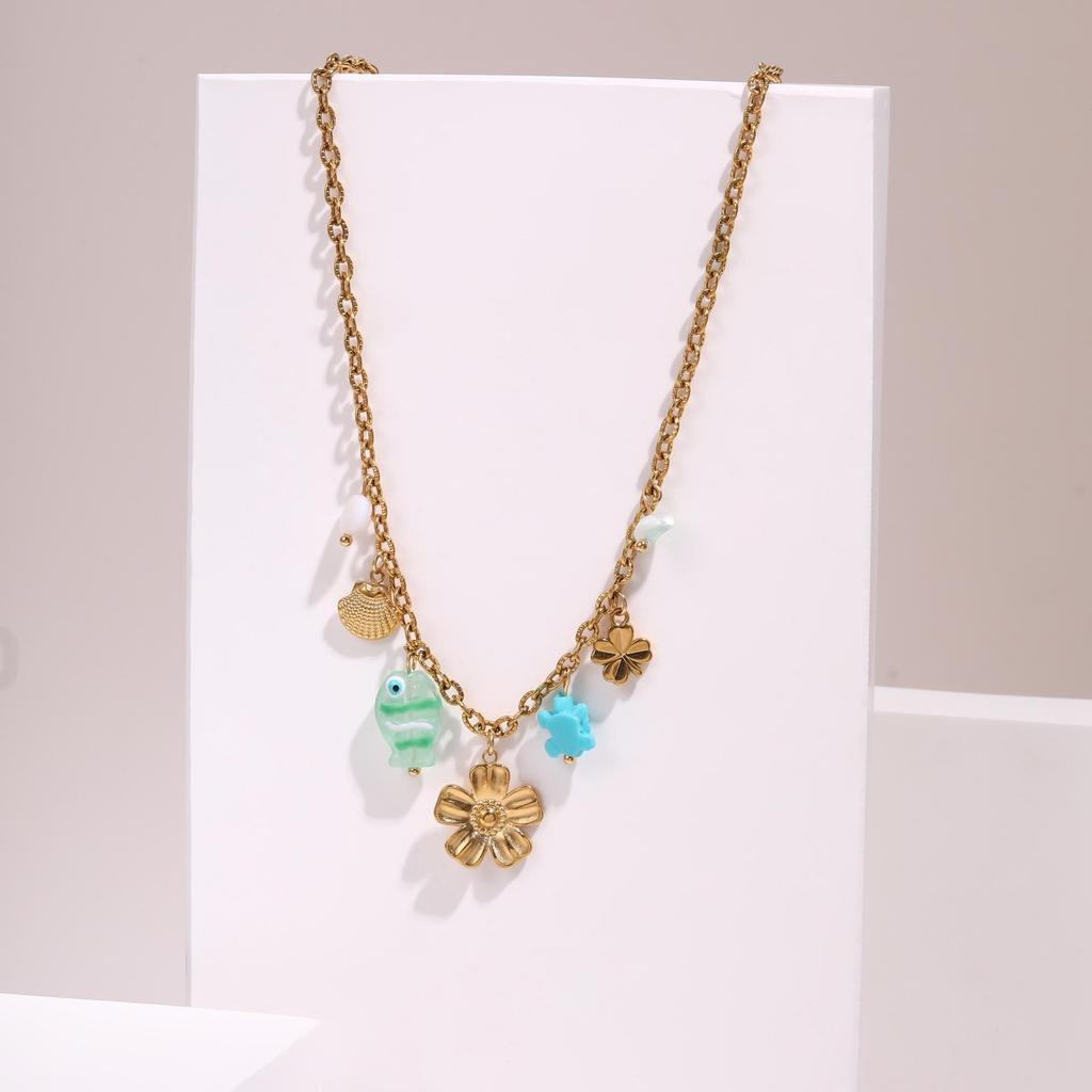 Starfish Flower Pendant Necklace with Pearl Shell on Stainless Steel Clavicle Chain