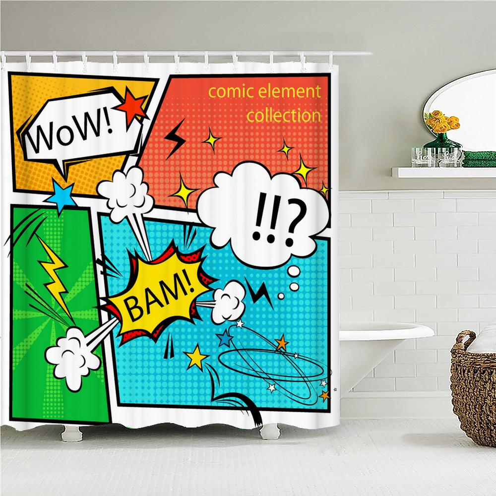 

Мультяшная личность Занавеска для душа Смешной принт взрыва Ткань Водонепроницаемый полиэстер Занавески для ванной комнаты Декор с крючками W90xH180cm