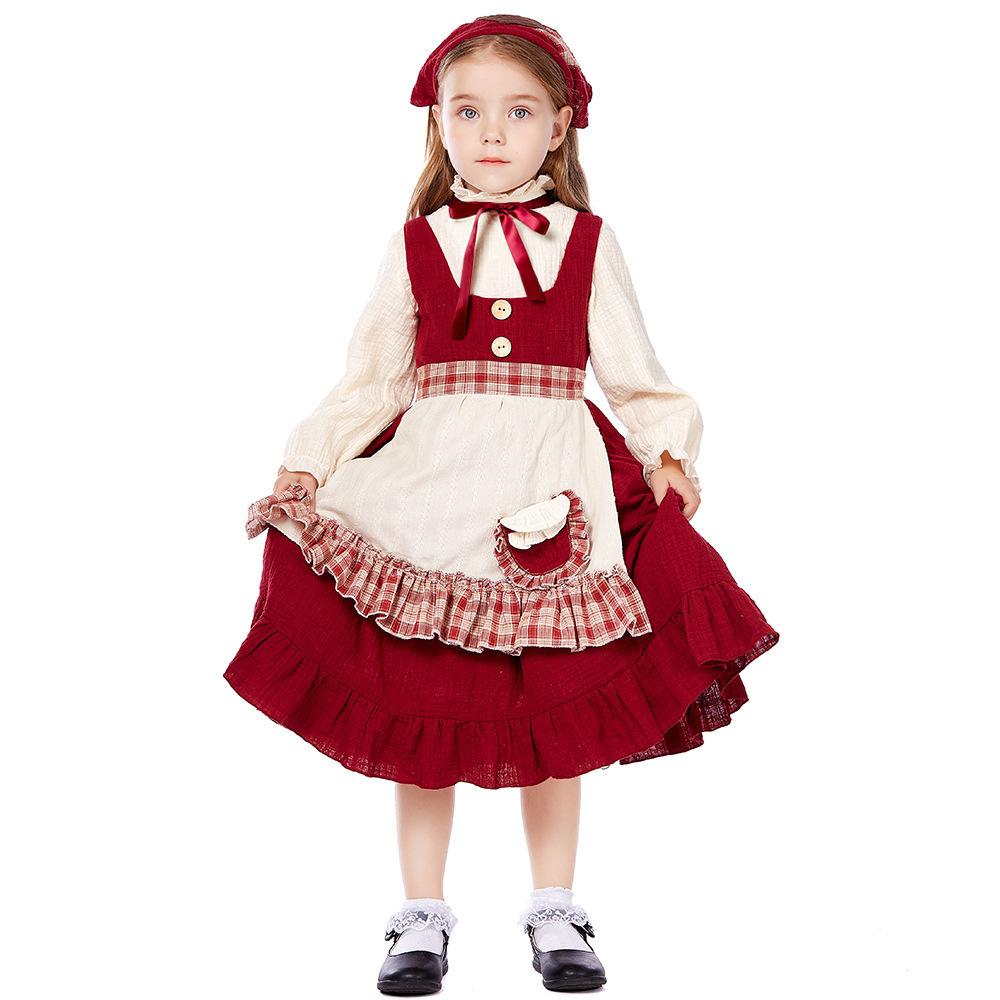 Girls Farm Maid Dress Kids Little Match Girl Halloween Cosplay Outfit XS красный