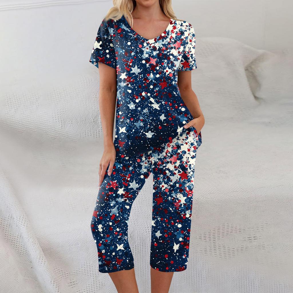 2-teilige Sets für Damen Kurzarm-Oberteil und Hose mit Taschen Sport Weiche Print-Sets