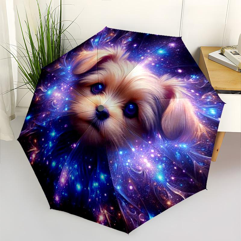 Guarda-chuva Dobrável com Estampa de Filhote Fofo Dormindo, Guarda-chuva Compacto para Sol/Chuva com Design de Céu Estrelado Azul e Rosa