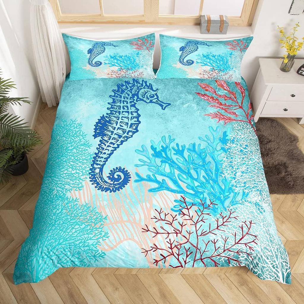 Coastal Duvet Cover Twin Queen,Beach Fish Coral Bedding Set,Sea Ocean Theme Comforter Cover For Kids Teens Nautical Quilt Cover
