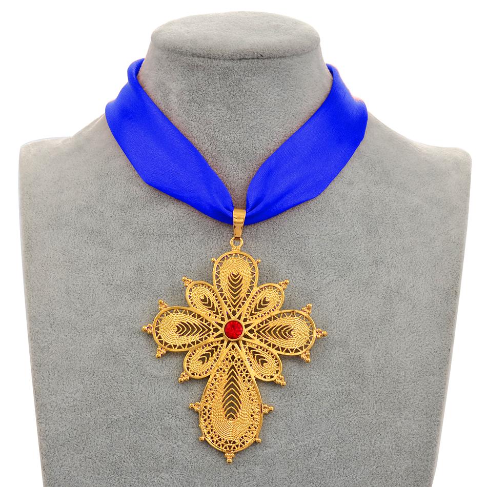 Anniyo Ethiopian Wedding Party Cross Pendant DIY Rope Chain for Women Girls,Gold Color Eritrea Jewelry African Crosses