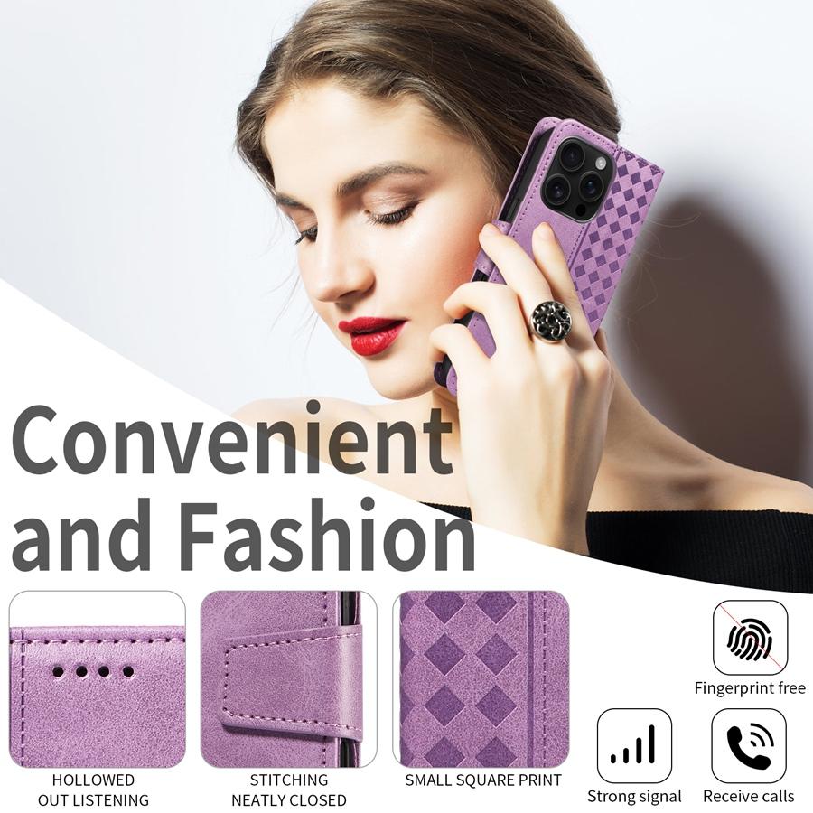 Solid Color Luxury Embossed Geometric Card Holder Wallet Case for iPhone/Samsung/Xiaomi Magnetic Buckle Phone Case Hand-strap Flip Cover