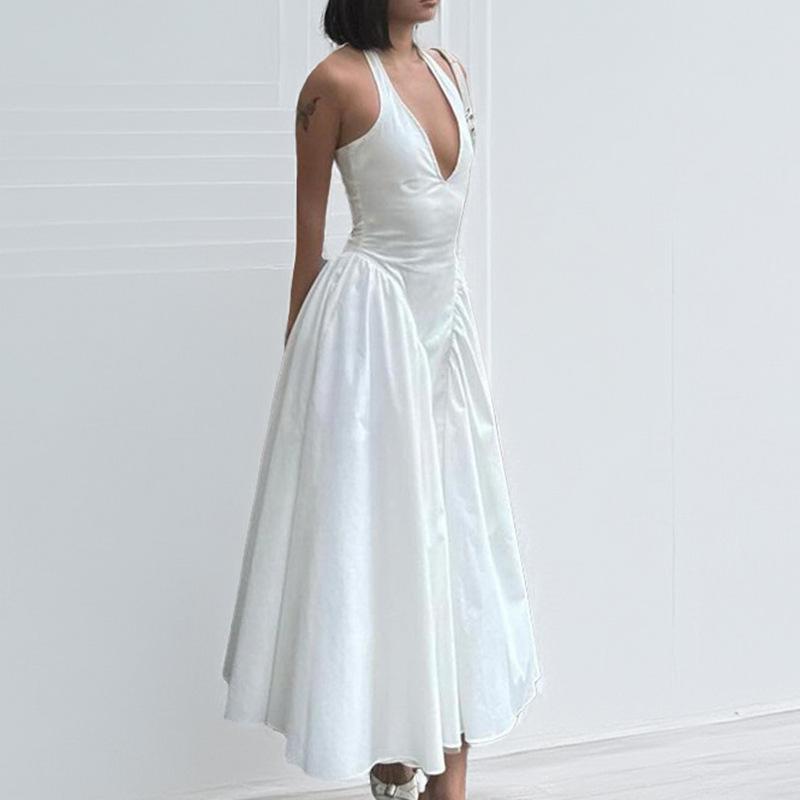 Women's clothing, new spring models in Europe, America, solid color French sexy deep V hollow neck dress