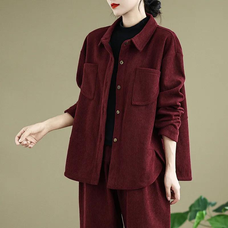 Middle-aged Mother Autumn and Winter Plus Velvet Jacket Western Style Sportswear Suit Corduroy Two-piece Suit