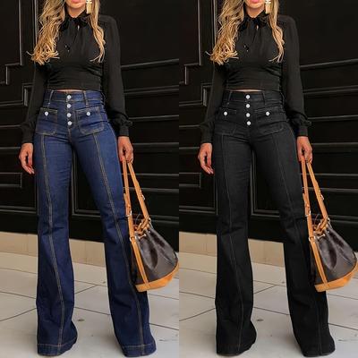 2024 Frühling Europäische und amerikanische neue Jeans mit hoher Taille und Schnalle für Damen mit schmalem und stilvollem Aussehen, Schlaghosen und langen Hosen