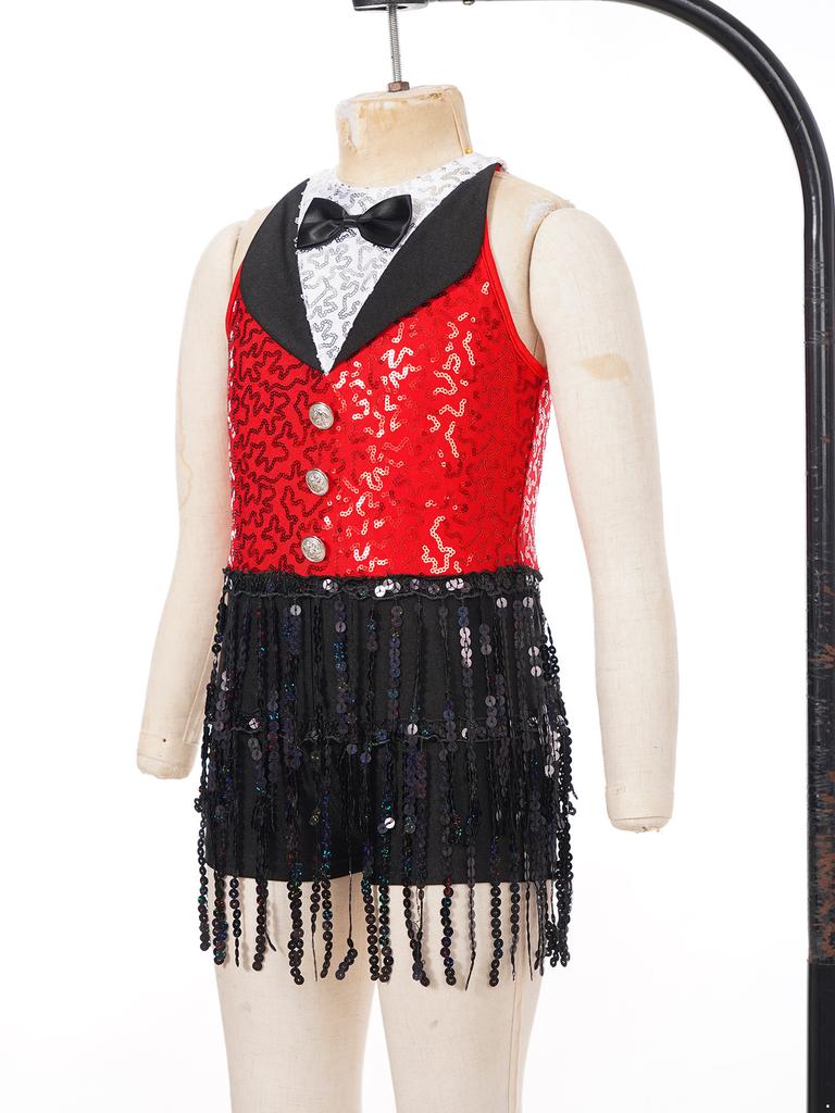 Kinder Mädchen Latin Dance Glänzenden Pailletten Ärmelloses Rundhals Quaste Saum Trikots Skating