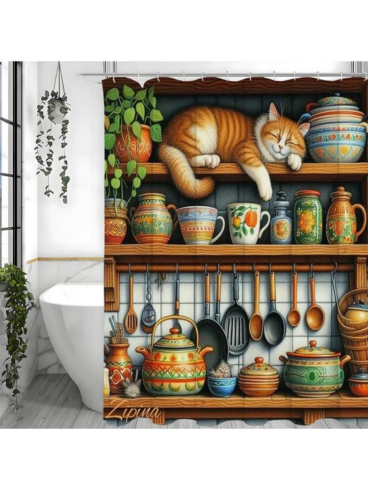 Kitchen Cabinet Cute Cat Kitchenware Items Shower Curtain, Bathroom Decorative Shower Curtain, Waterproof Shower Curtain with Ho W90xH180cm