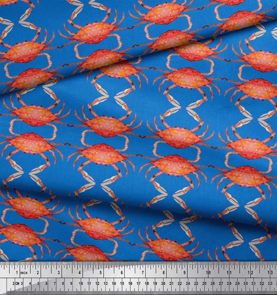 Soimoi Beige Japan Crepe Satin Fabric Crabs Ocean Print Fabric by the metre 42 Inch