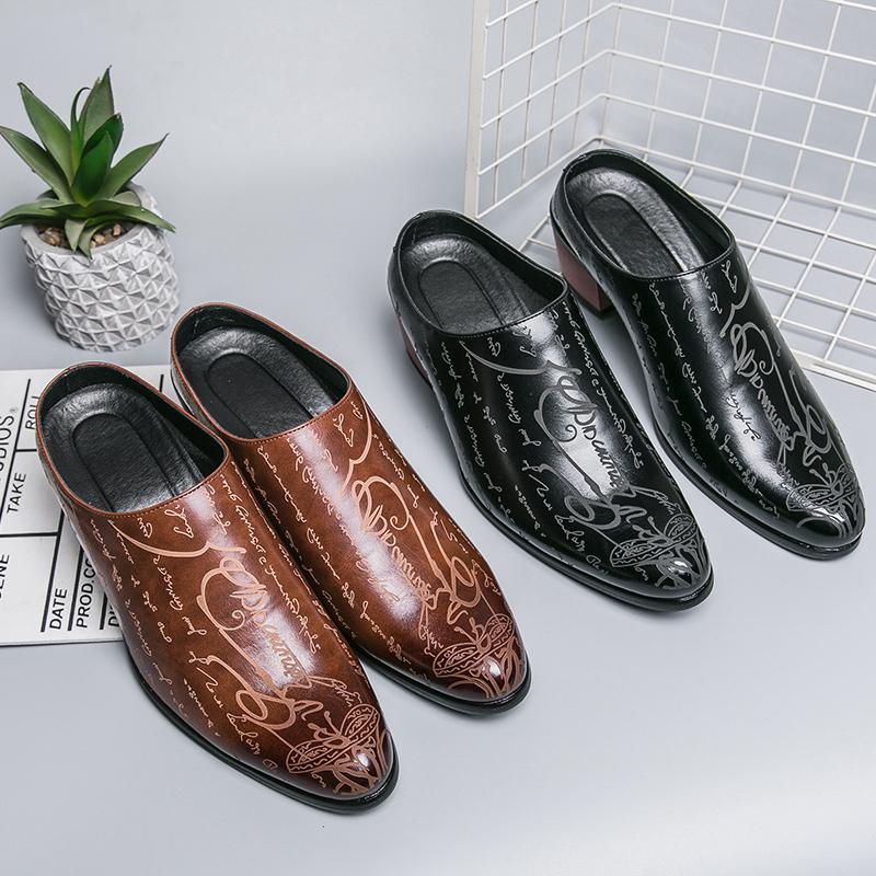 Fashion New Summer High Heel Mules Men Half Shoes For Man Leather Slippers Mens Casual Shoes Formal Loafers Dress Male Slides Sandals