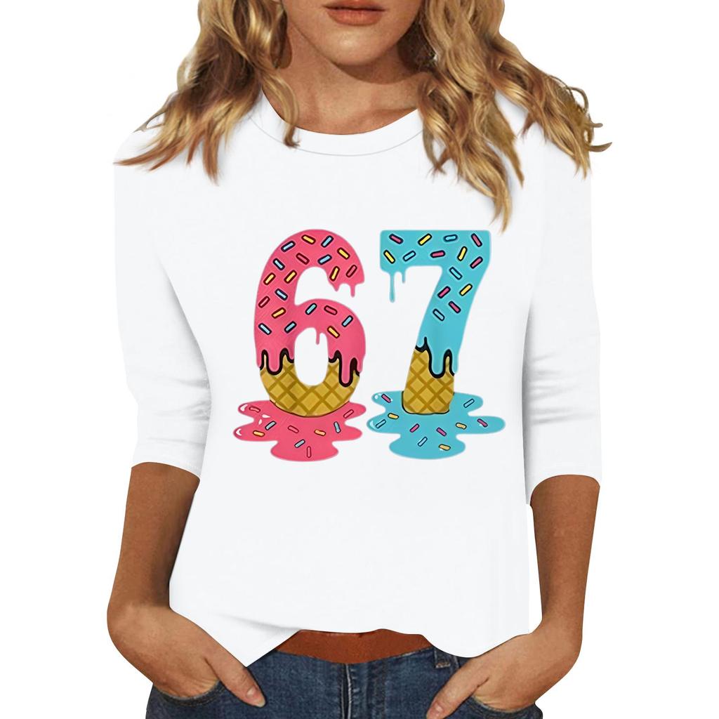 Women's Fashionable Casual Three-Quarter Sleeve Printed Neck T-Shirt Top