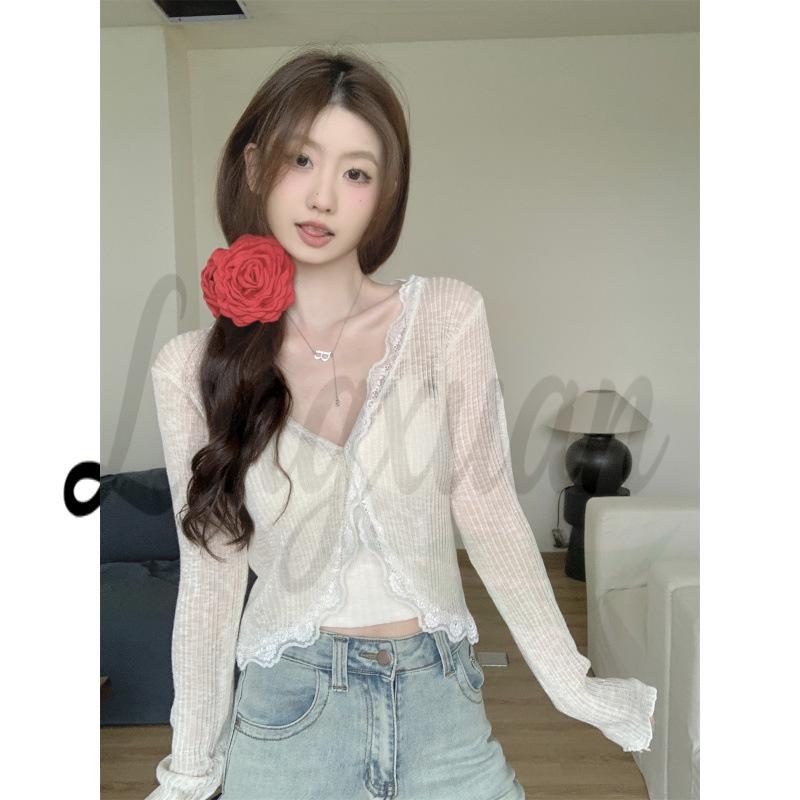 

Spring-Summer Korean Style Lace Splicing Bamboo Knot Linen Knit Cardigan - Lightweight Sun Protection Outerwear One Size абрикосовый