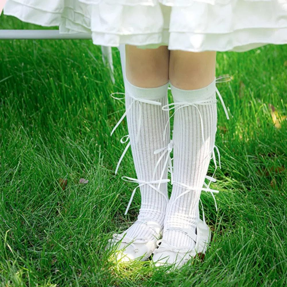 Ribbon Bow Balletcore Socks Solid Color Thin Stockings Comfortable Mid-Tube Hosiery  Women