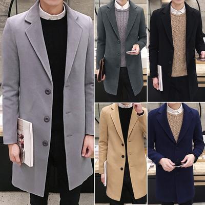 Autumn Winter Men Trench Coat Solid Color Long Sleeve Single Breasted Pockets