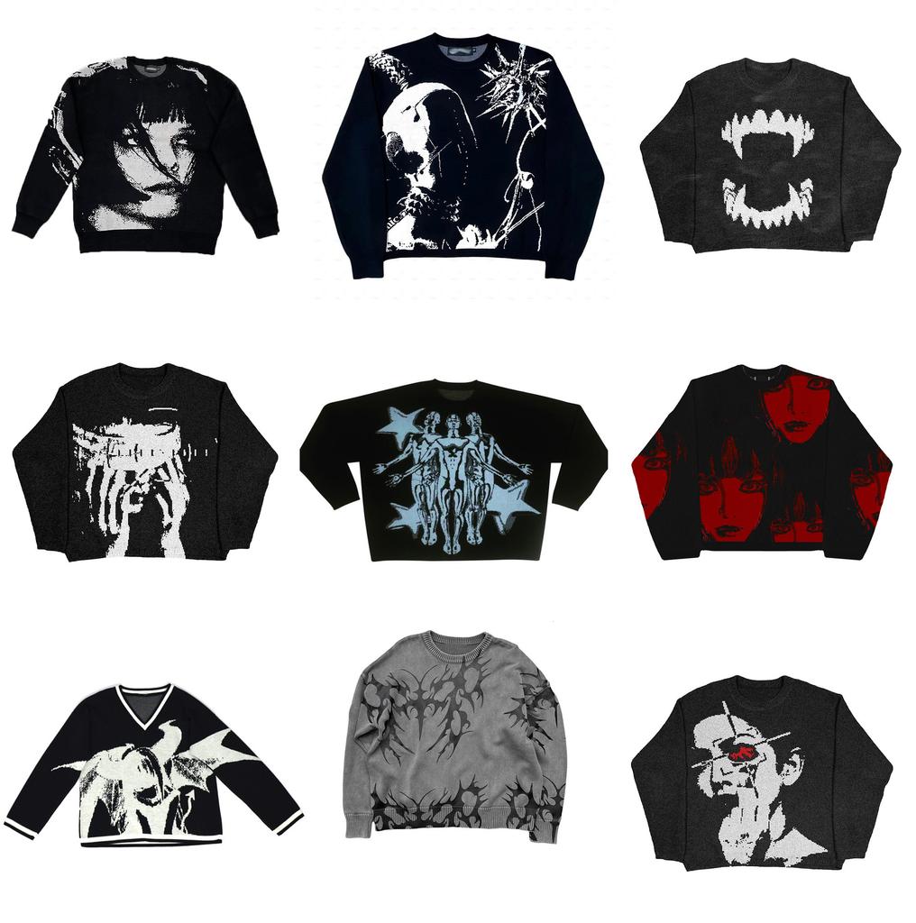 Unisex Hip Hop Streetwear Knitted Sweater Men Gothic Portrait Print Pullover Autumn Harajuku Sweater Women Oversized Sweater