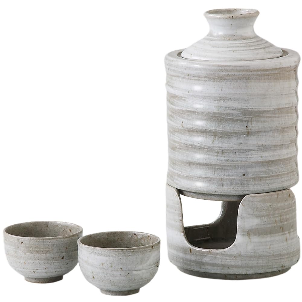 Sake Set Sake Bottles and Sake 320cc Sake Diameter X 13cm Celadon Can Be Heated Over an Open Flame Solid Mino Made In Japan Ale-net (2 Cups), Warmer,