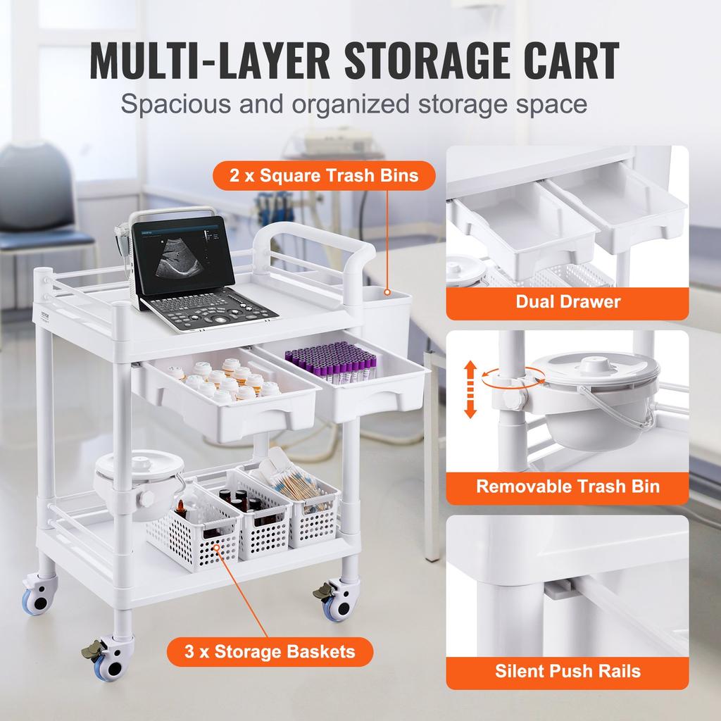 VEVOR Chariots de laboratoire à 2 niveaux, Chariot utilitaire de laboratoire avec 2 plateaux, 2 tiroirs et 4 roulettes silencieuses, Chariot médical mobile en matériau PP