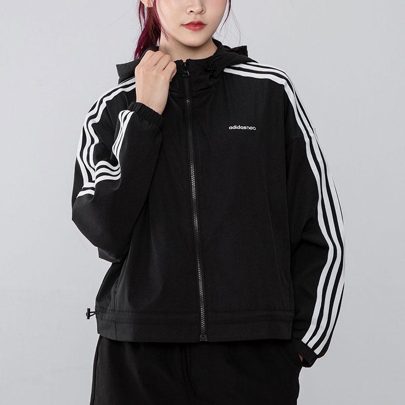 Adidas Neo Side Stripe Windbreaker Hooded Jacket Women Jackets Black H18578