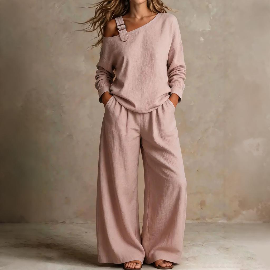 Women's Color Off Shoulder Long Sleeve Two Piece Set with Pockets and Pants