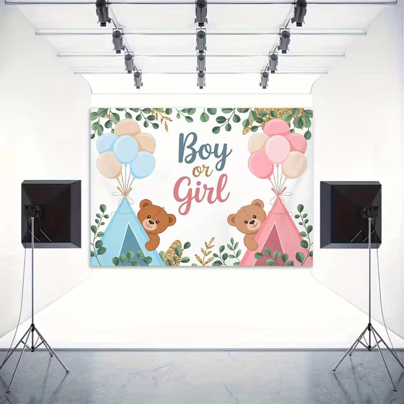 2D Boy or Girl Gender Reveal Backdrop Teddy Bear Photography Background Banner