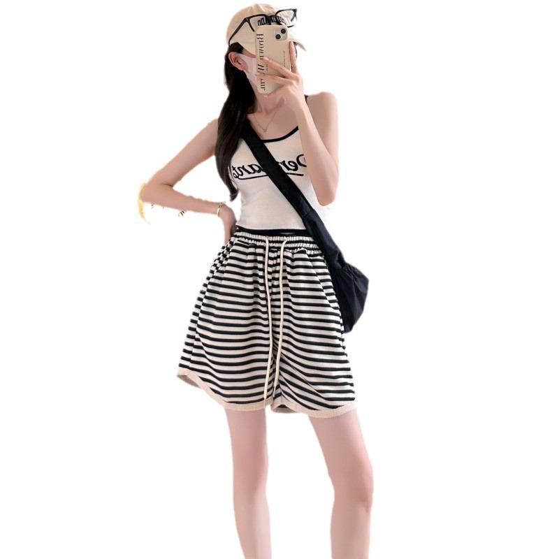 Striped Sports Shorts for Women's Outer Wear Summer Thin New High-waisted and Thin Loose Five-point Wide-leg Casual Pants