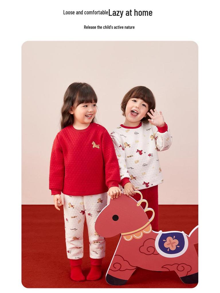 Antibacterial Quilted Children's Autumn/Winter Pajamas Set - Red Top & Pants for Boys and Girls
