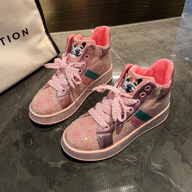 

Designer Shiny Sequins Chunky Platform Sneakers Women Breathable Lace Up Height Increase Shoes Woman Fashion Cute Pink Sneakers 36