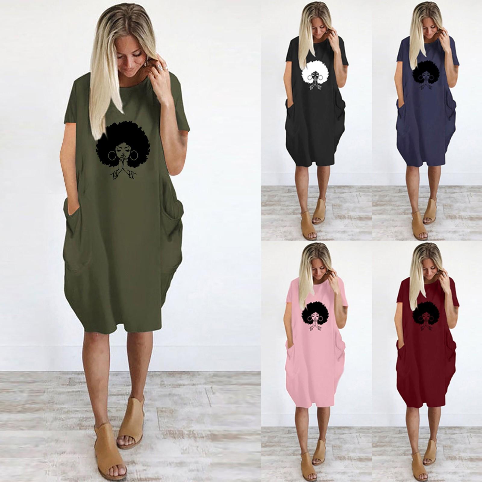 

Модное женское свободное повседневное платье с короткими рукавами и карманом с принтом