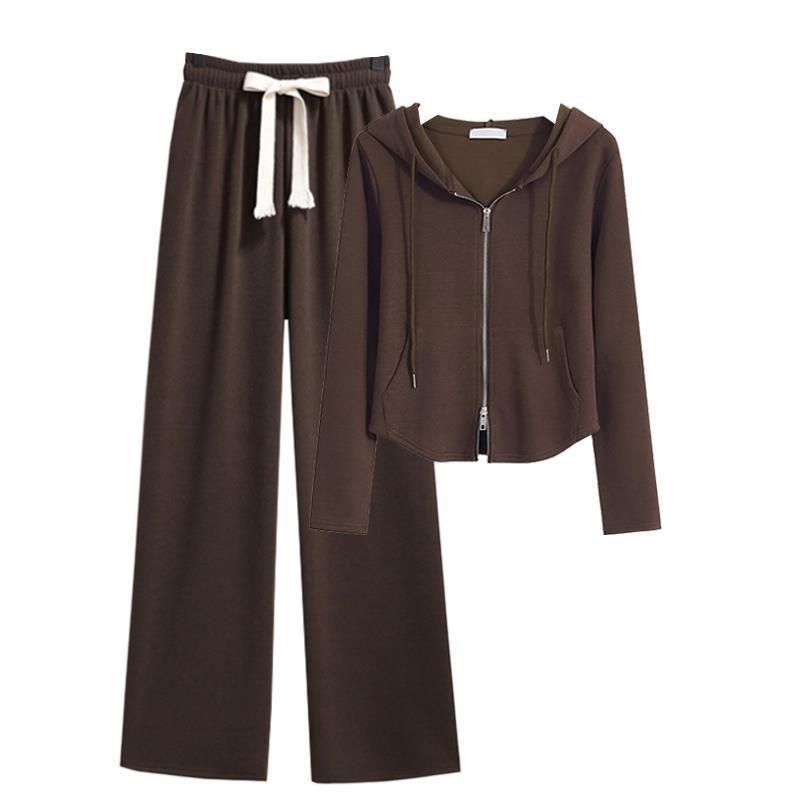 Women's Slimming Casual Hooded Zip-Up Sweatshirt & Wide-Leg Pants Set