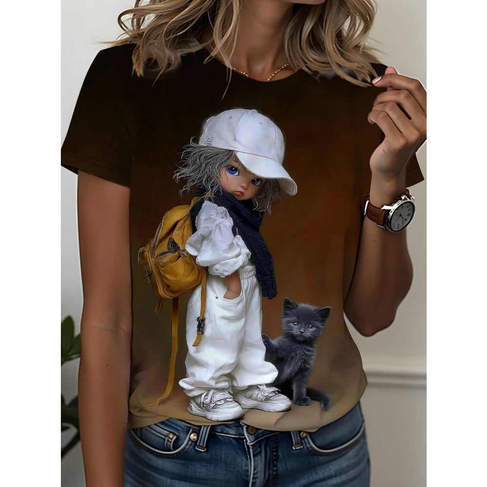 

Large Size Women S Digital Printed Short Sleeved T-shirt Crew Neck Slight Stretch Fabric, Regular Sleeve, All Seasons XL