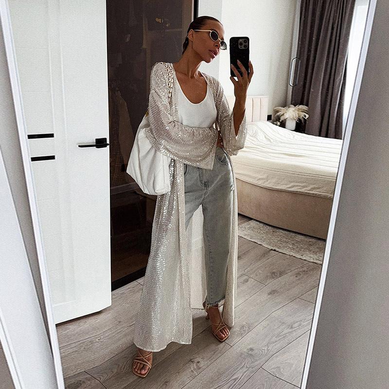 

Осенняя свободная куртка с пайетками с длинным рукавом, женский кардиган для повседневной носки в стиле кэжуал L белый