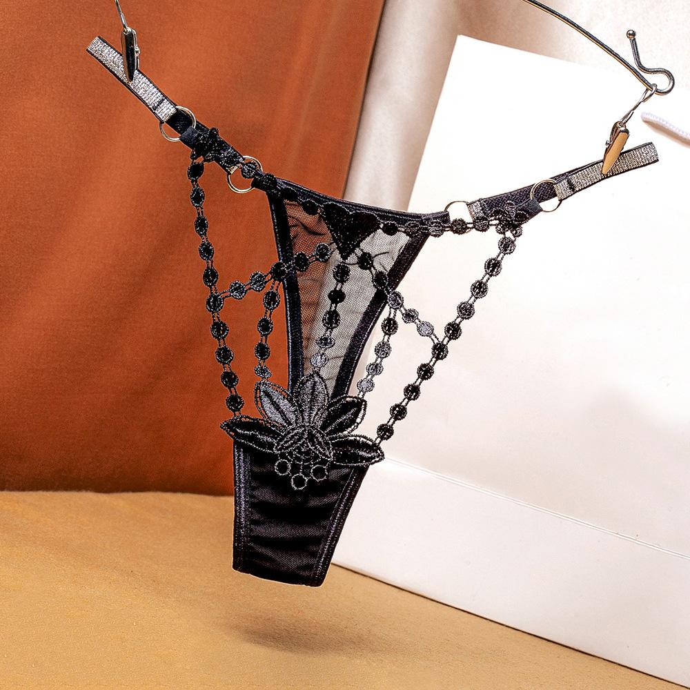 Women's Sexy Out Thongs Hollow Floral Embroidery Low-Waist Shiny Straps Porn Lingerie Mesh Transparent T-Back Briefs