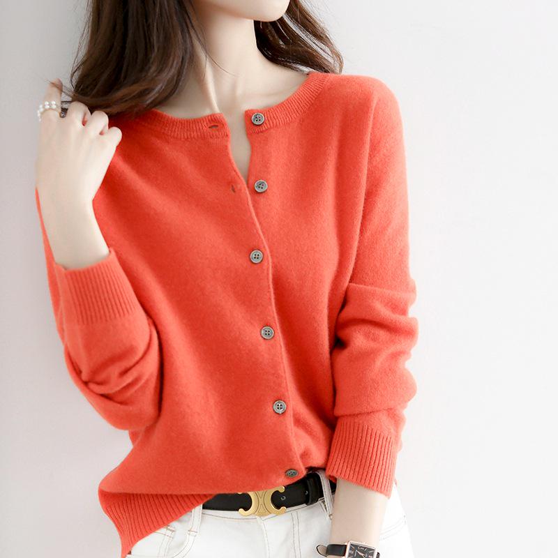 2023 Autumn/Winter Women's Korean-Style Camel Cardigan, Round Neck, Single-Breasted Knit Sweater.