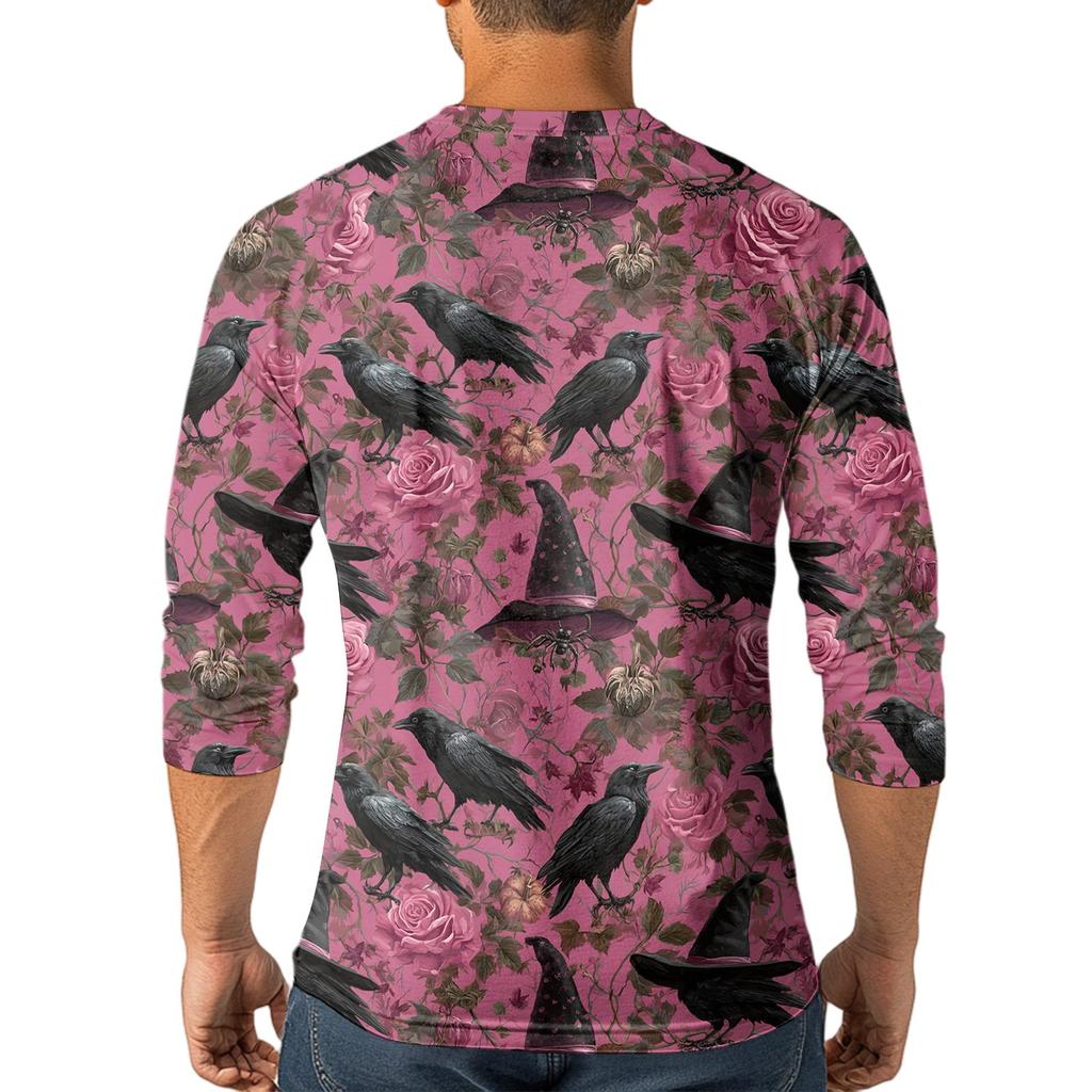 Men's Casual Halloween Print Raglan Sleeve Henley Shirt Three Quarter Sleeve Lightweight Comfortable Top for Everyday Wear