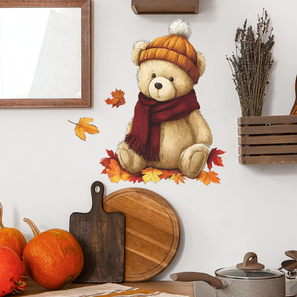 Cartoon Plush Bear and Fallen Leaf Children's Bedroom Home Decoration and Beautification Wall Stickers