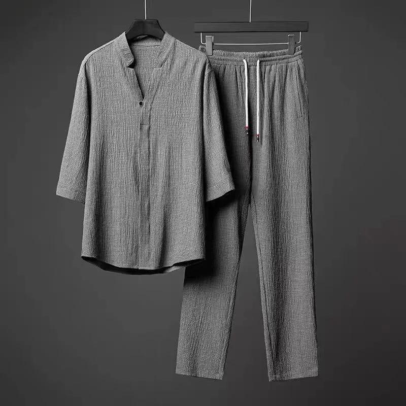 Vintage Button Men's Two Piece Set Summer Casual Shirt Pants Suits Outfit Men Solid Color Tracksuit Leisure Clothing