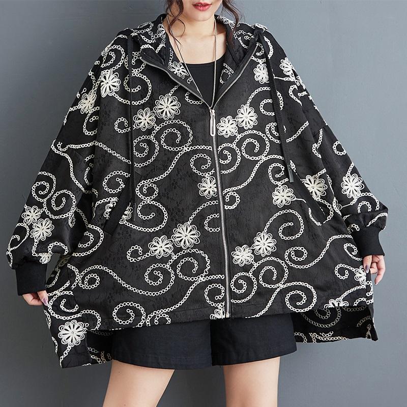Langarm plus Größe schwarz mit Kapuze Vintage Blumen lässig lose Herbst Frühling Jacke Mantel Frauen Tops