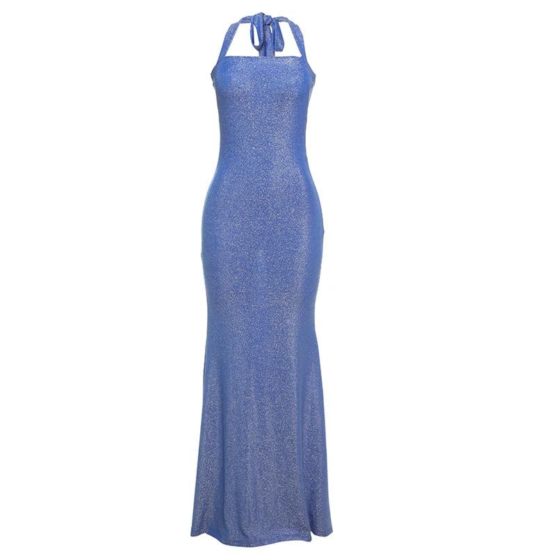 

New Summer Women s Fashion INS High-End Elegant Dress with Halter Neck, Straps, and Backless Slim Fit Design S синий