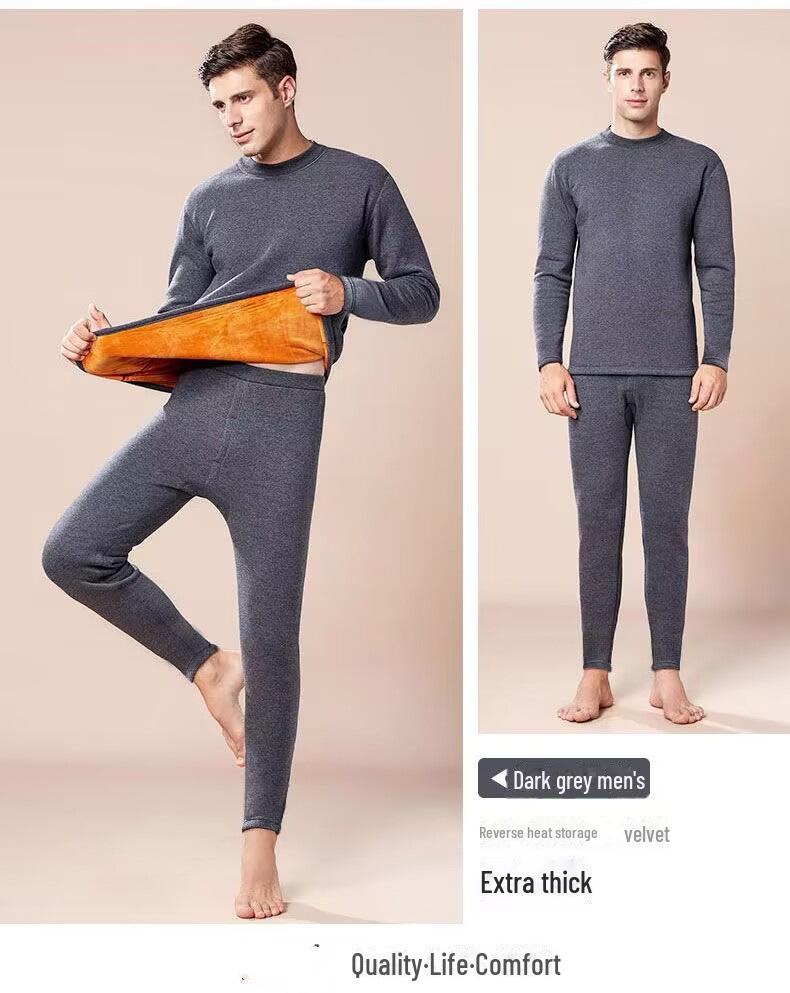 Men's Gold Velvet Thermal Underwear Set: Thick, Warm, Round-Neck Top and Bottoms for Winter.