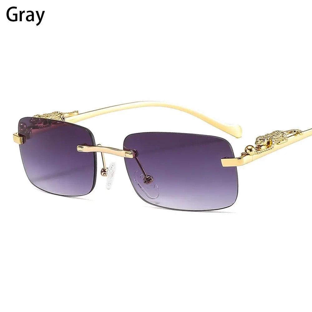 Rimless Rectangle Sunglasses Retro Clear Ocean Lens Sun Glasses Cheetah Decoration Shades UV400 Eyewear for Women Men