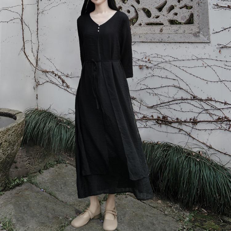

Johnature Женское осеннее однотонное платье в стиле ретро с V-образным вырезом, свободное повседневное платье в китайском стиле в винтажном стиле XL чёрный