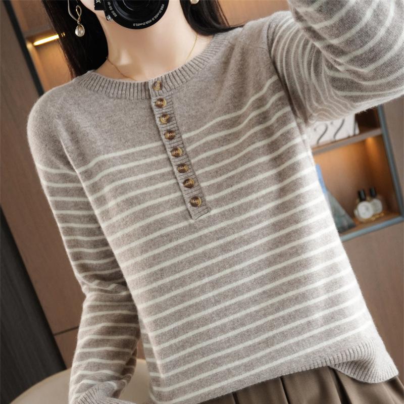 Crew Neck Bottoming Shirt Women's Autumn and Winter Loose and Versatile Sweater Striped Skin-friendly Warm Top
