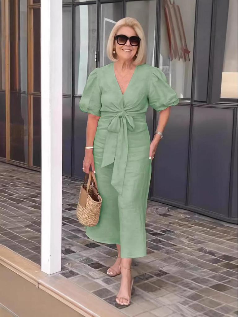 2026 Spring/Summer V-neck Lace-up Puff Sleeve Cotton Dress for Women