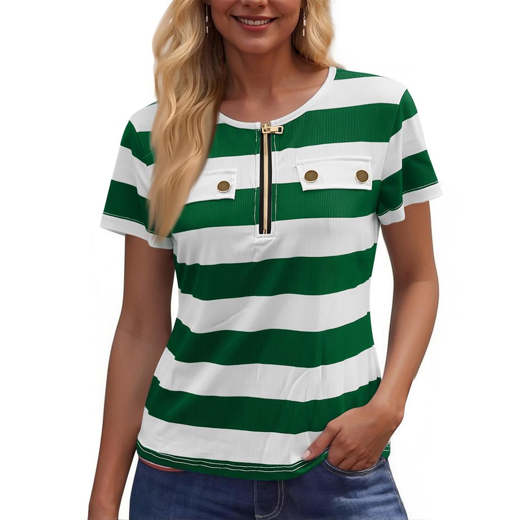 Women's Fashion Color Matching Short Sleeve Round Neck Zipper Top