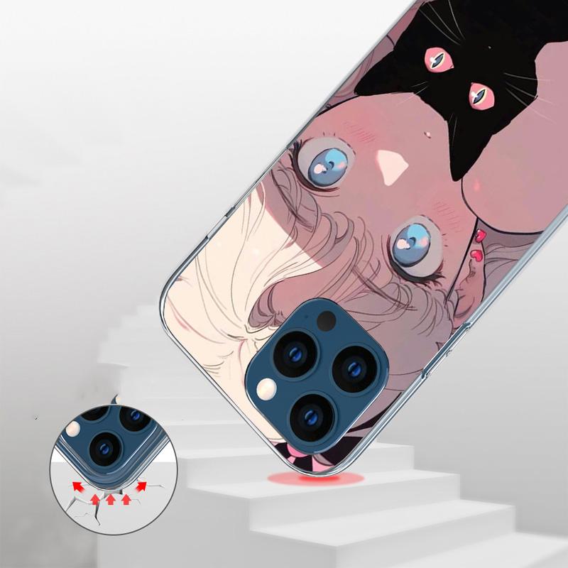 Anime Girls Cute Black Cat Phone Case For iPhone 17 Air 16 Pro Max 16E 15 + 14 Plus 11 12 13 Mini 7 8 SE Gift Print Cover Fundas